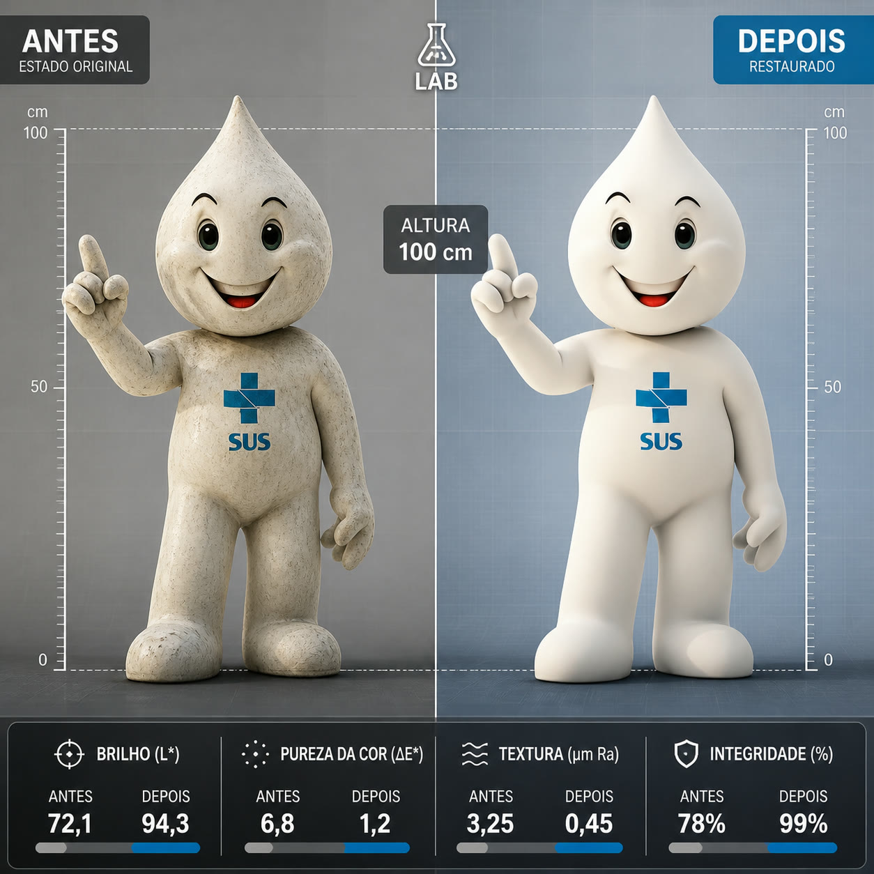 Exemplo visual do comando /beforeafterlab: Crie uma comparação científica de antes e depois com medições técnicas.