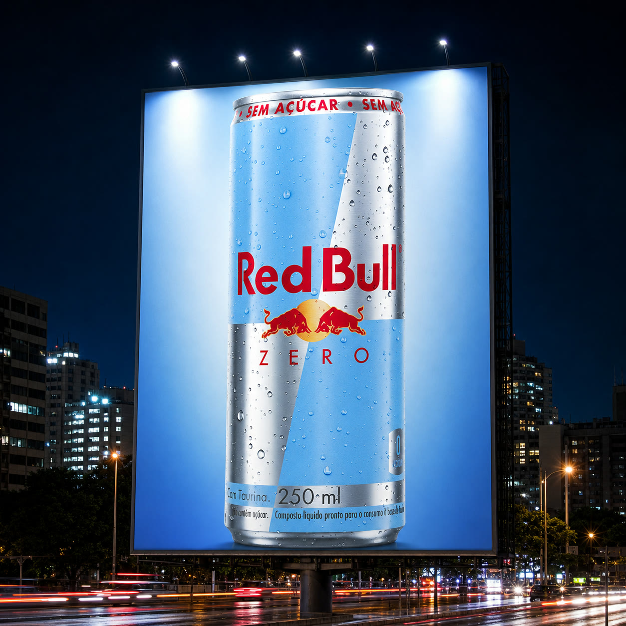 Exemplo visual do comando /billboard: Exiba o tema em um grande outdoor urbano noturno e fotorealista.