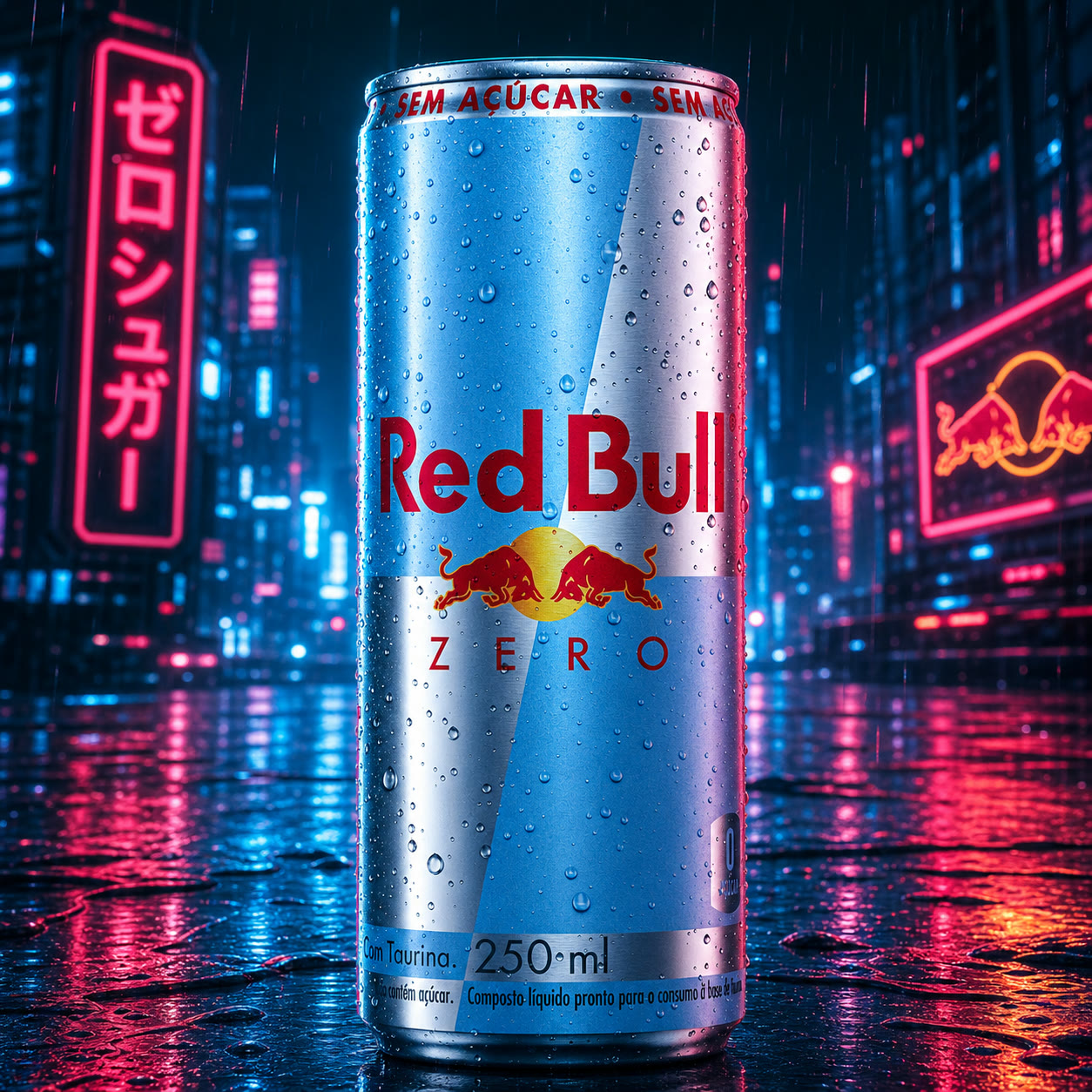 Exemplo visual do comando /cyberpunk: Reimagine o tema em um ambiente cyberpunk chuvoso e iluminado por neon.