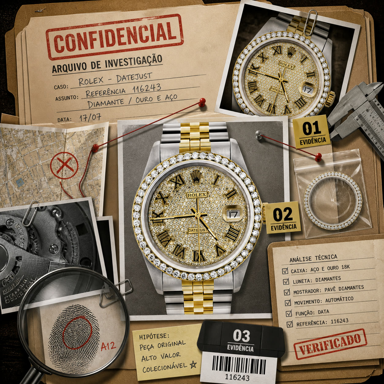 Exemplo visual do comando /detectivefile: Monte uma pasta de investigador com fotos, mapas, evidências e anotações.