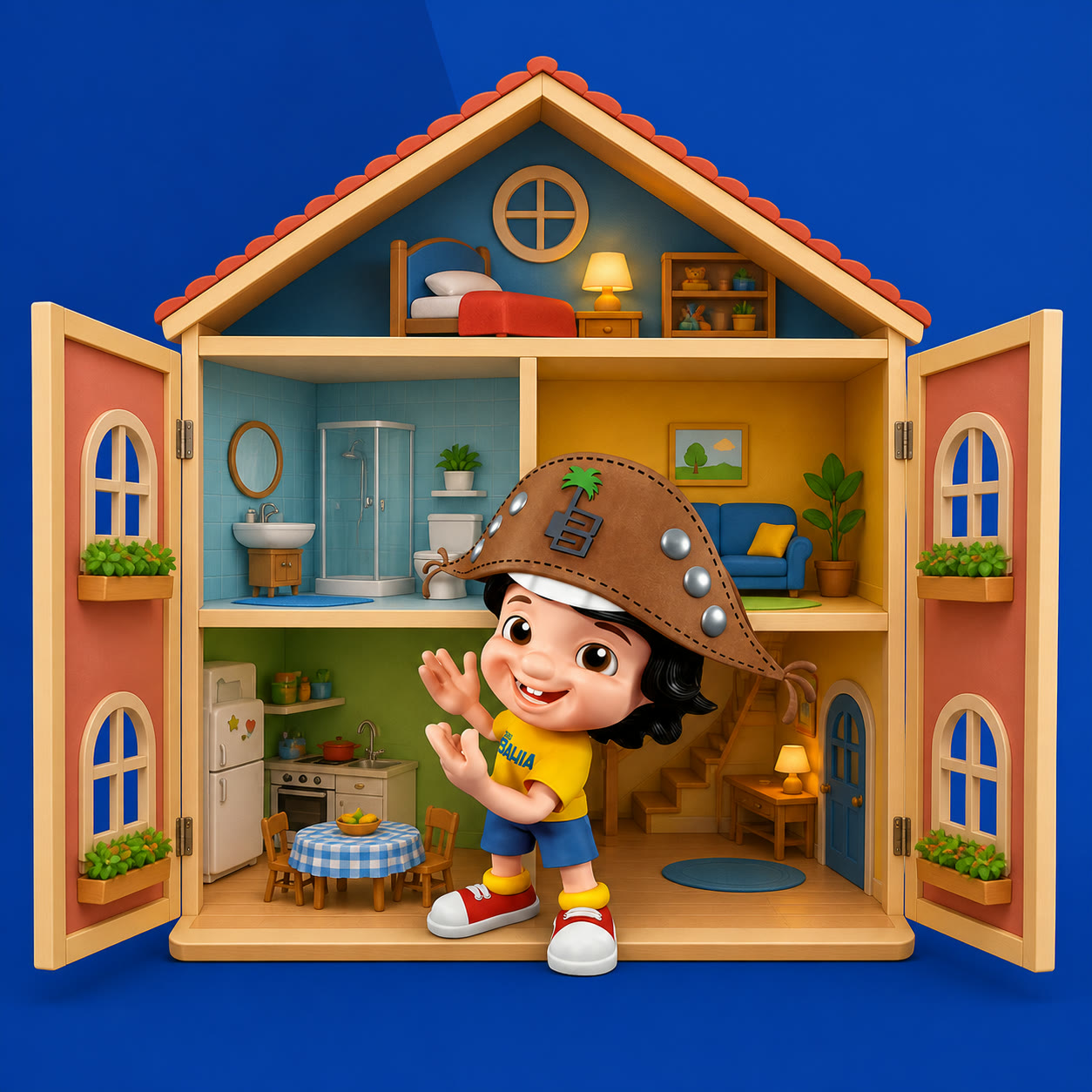 Exemplo visual do comando /dollhouse: Mostre uma casa de bonecas aberta de frente, revelando todos os ambientes.