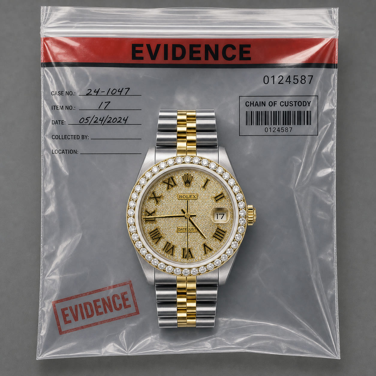 Exemplo visual do comando /evidencebag: Coloque o tema dentro de um saco de evidências policiais fotografado de cima.