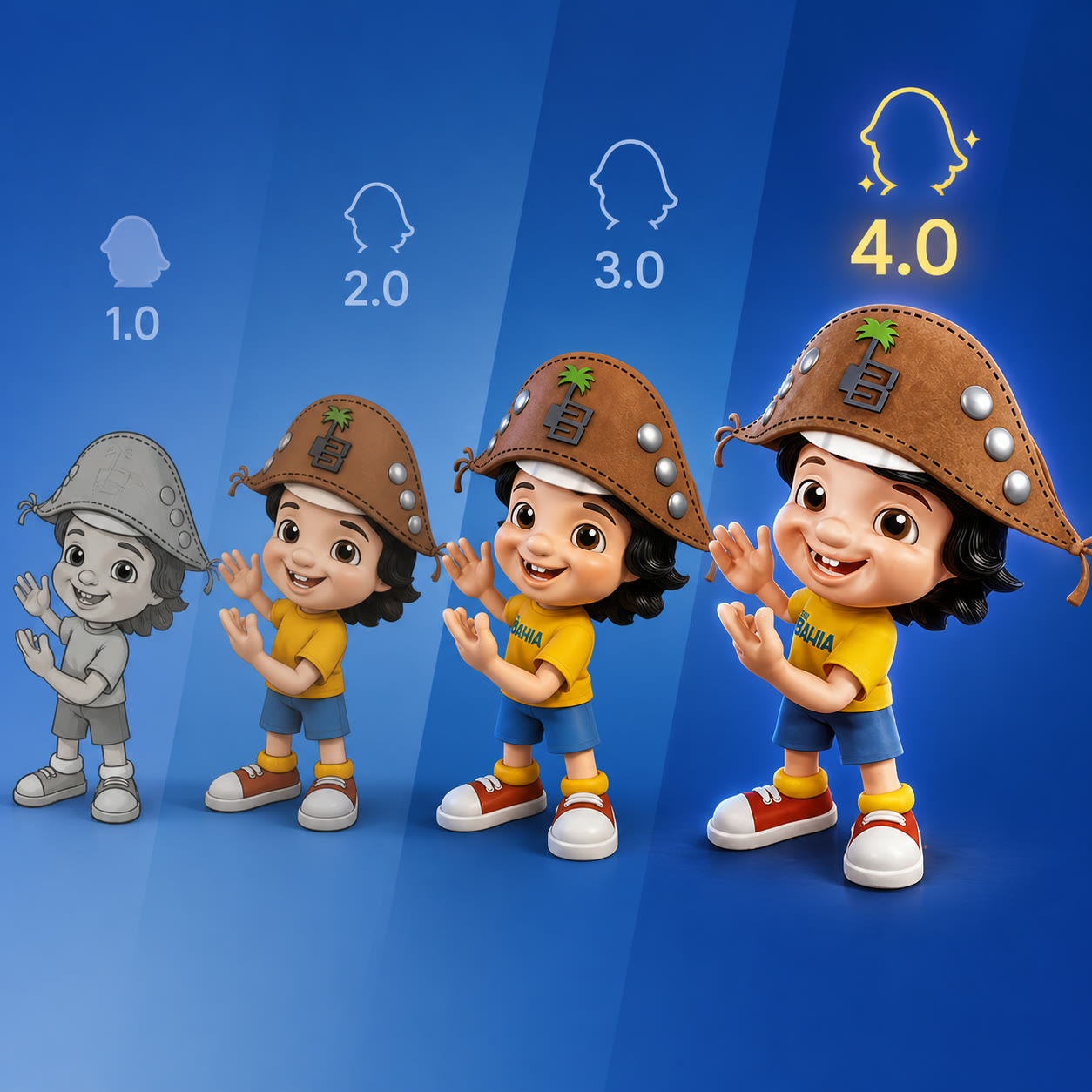 Exemplo visual do comando /evolution: Mostre uma sequência visual da evolução do tema, da versão primitiva à atual.