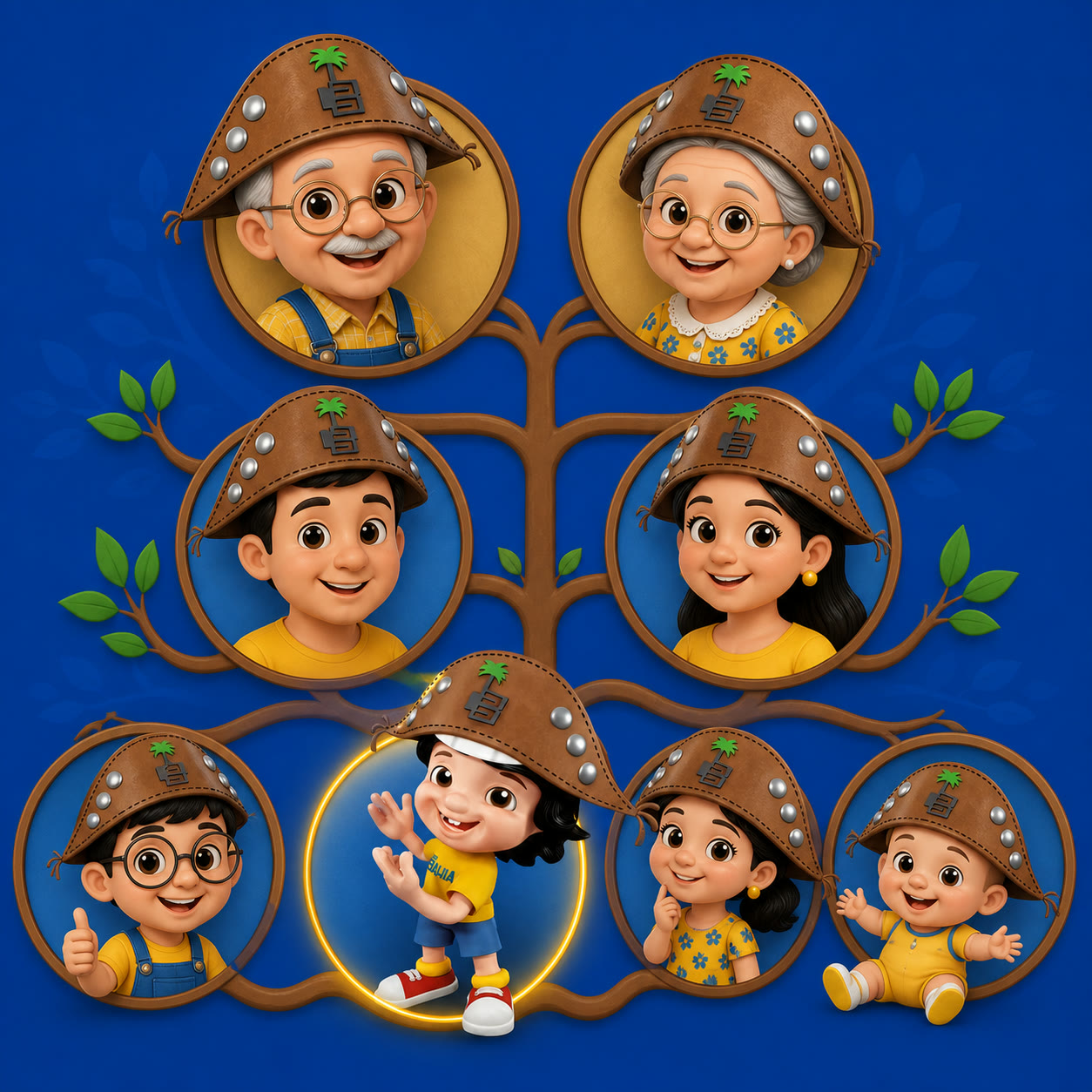 Exemplo visual do comando /familytree: Crie uma árvore genealógica com gerações e variações imaginárias do tema.