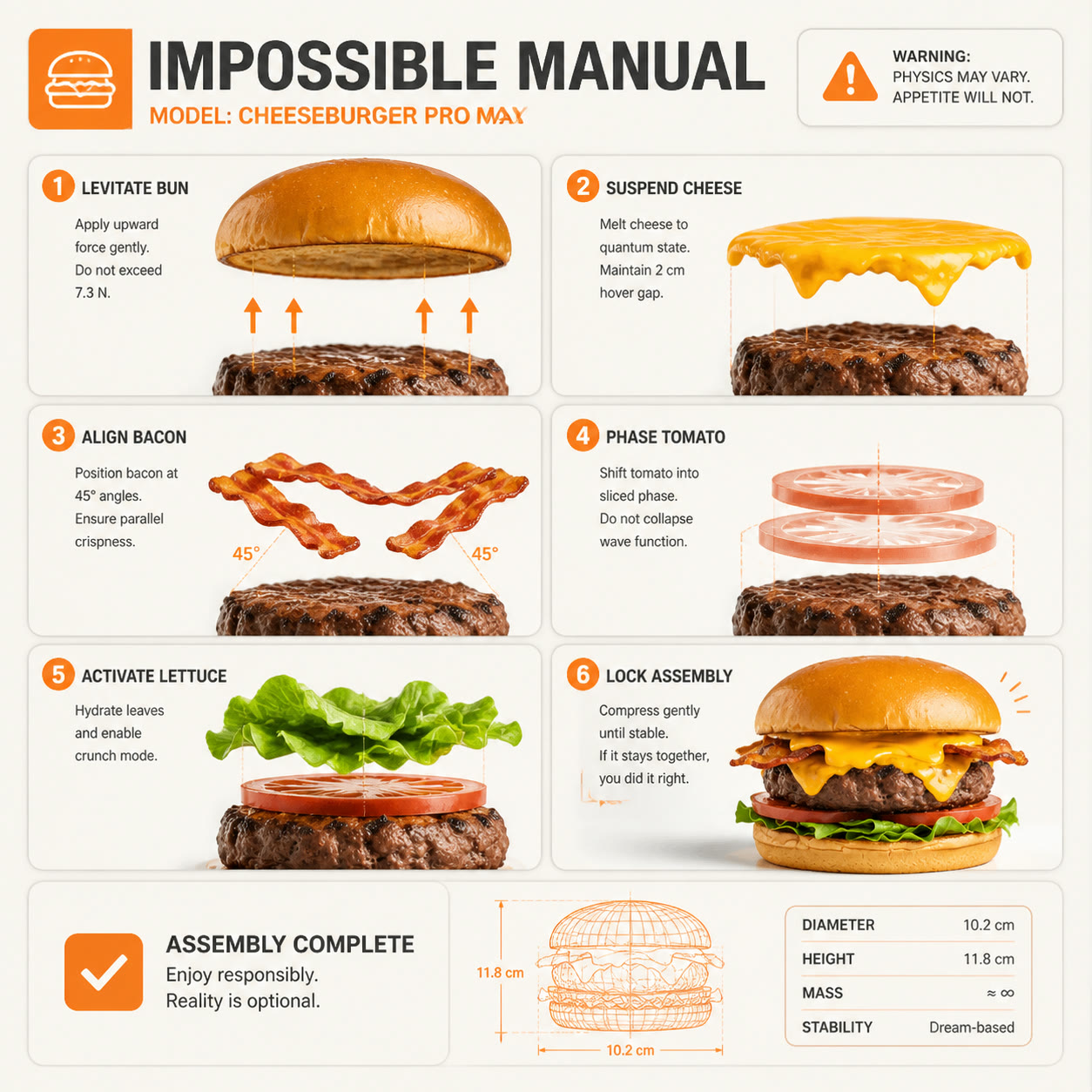 Exemplo visual do comando /impossiblemanual: Crie uma página de instruções absurdas apresentada com normalidade técnica.