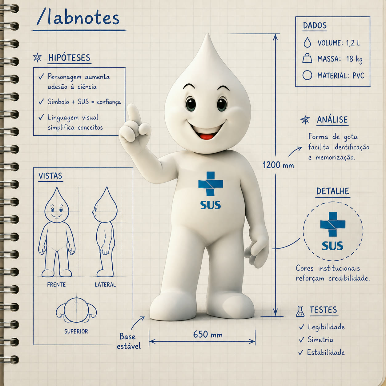 Exemplo visual do comando /labnotes: Mostre o tema numa página de caderno científico com medidas, setas e hipóteses.