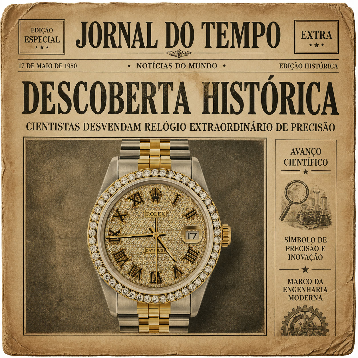 Exemplo visual do comando /newspaper: Coloque o tema na primeira página de um jornal antigo como descoberta histórica.