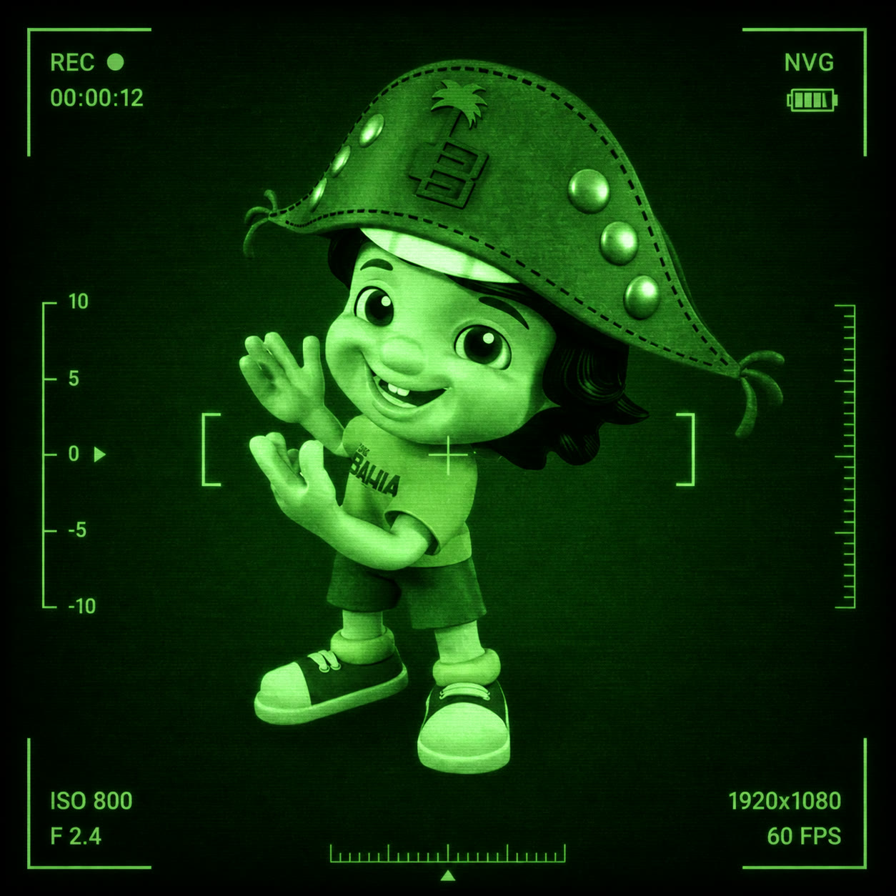 Exemplo visual do comando /nightvision: Recrie a imagem como visão noturna verde, com ruído e interface de câmera.