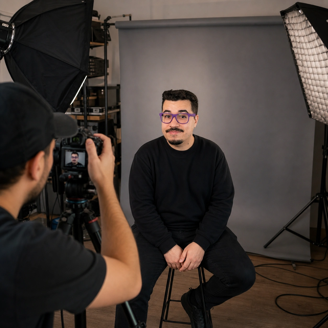 Exemplo visual do comando /bts: Revela câmera, equipe, luzes, acessórios e ambiente por trás da imagem final.
