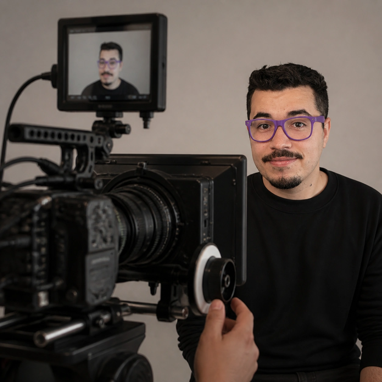 Exemplo visual do comando /camerarig: Mostra corpo da câmera, lente, tripé, monitor e rig dentro da cena.