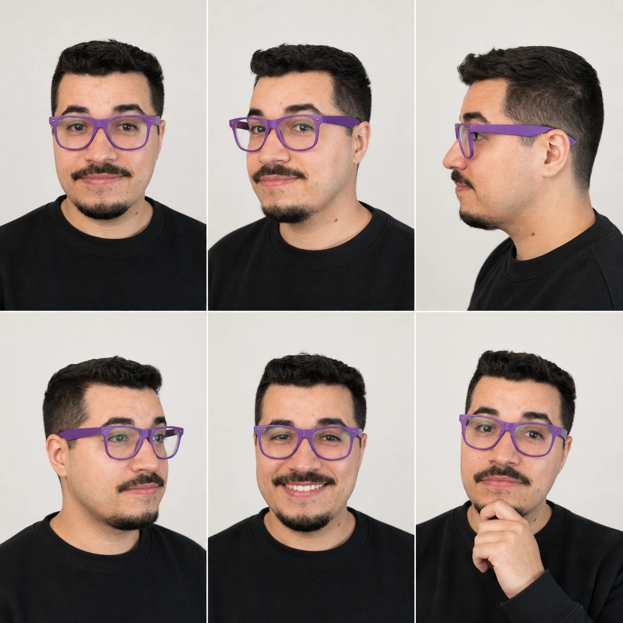 Exemplo visual do comando /charactersheet: Reúne várias vistas e expressões do mesmo sujeito em uma única prancha de consistência.