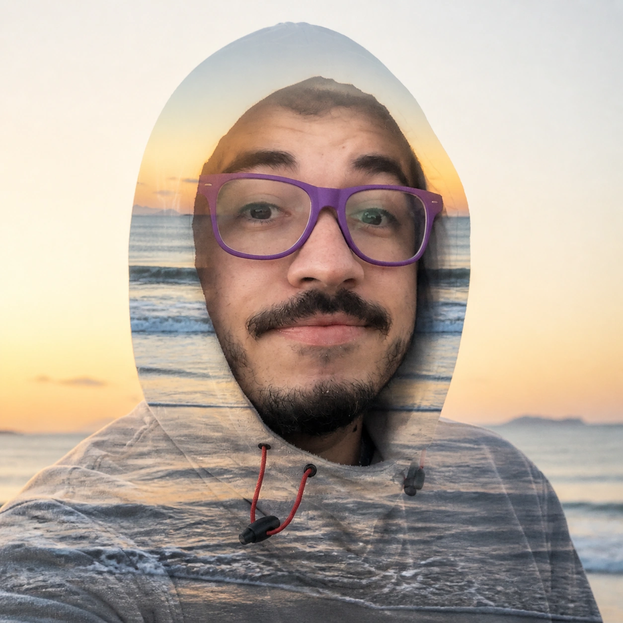 Exemplo visual do comando /doubleexposure: Preenche a silhueta do sujeito com paisagem, memória ou textura fotográfica.