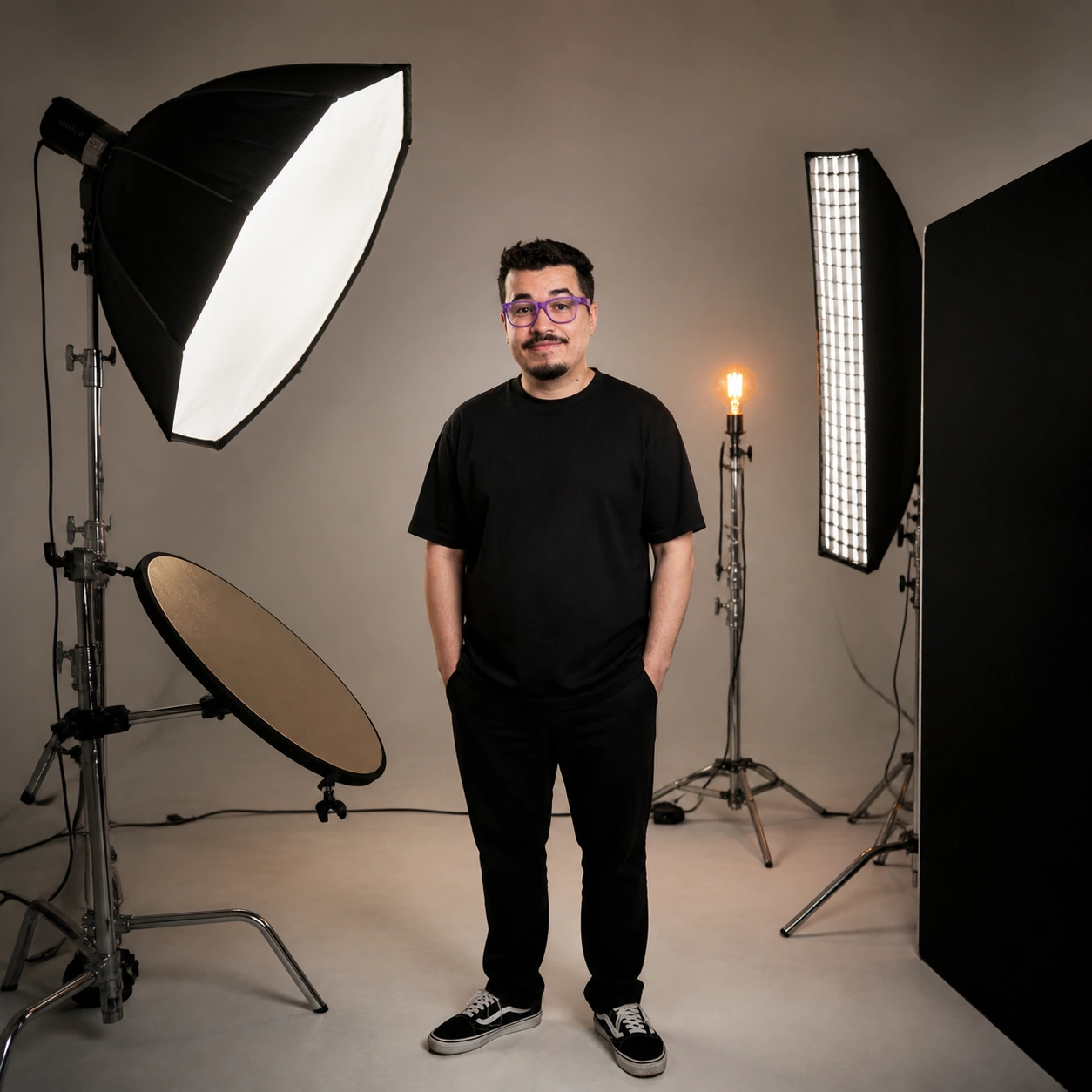 Exemplo visual do comando /lightingrig: Revela softboxes, bandeiras, tripés, luzes práticas e modificadores.