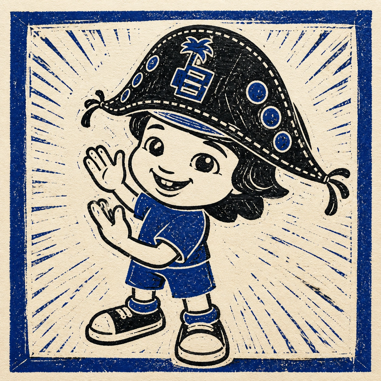 Exemplo visual do comando /linocut: Cria uma gravura de tinta sólida, talhe visível e registro imperfeito.