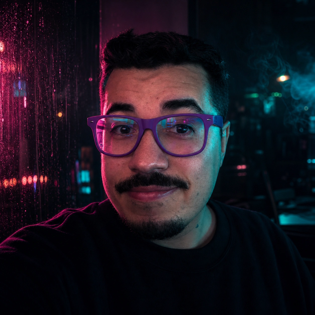 Exemplo visual do comando /neonnoir: Cria cena cinematográfica escura com neon colorido e reflexos.