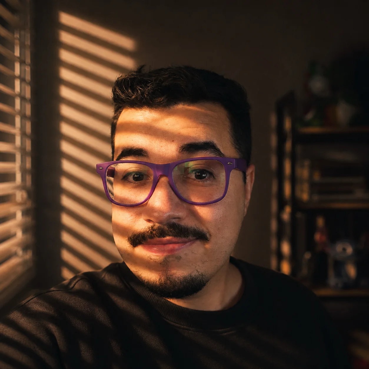 Exemplo visual do comando /blindslight: Recorta o retrato com faixas paralelas de luz e sombra produzidas por persianas.