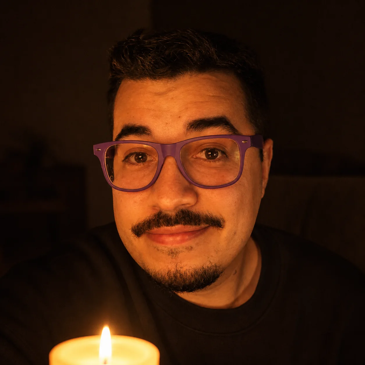 Exemplo visual do comando /candlelightportrait: Ilumina o rosto principalmente com a queda quente e íntima de uma única vela.