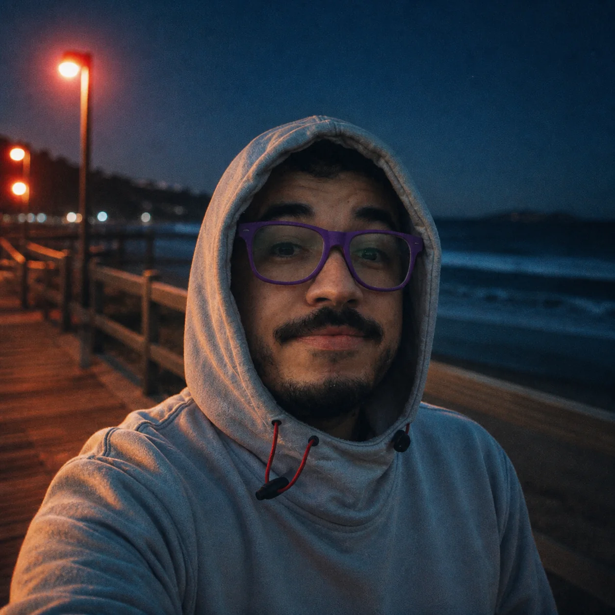 Exemplo visual do comando /cinestill800t: Cria baixa luz em tons frios com lâmpadas quentes, grão e halation vermelho de filme 800T.