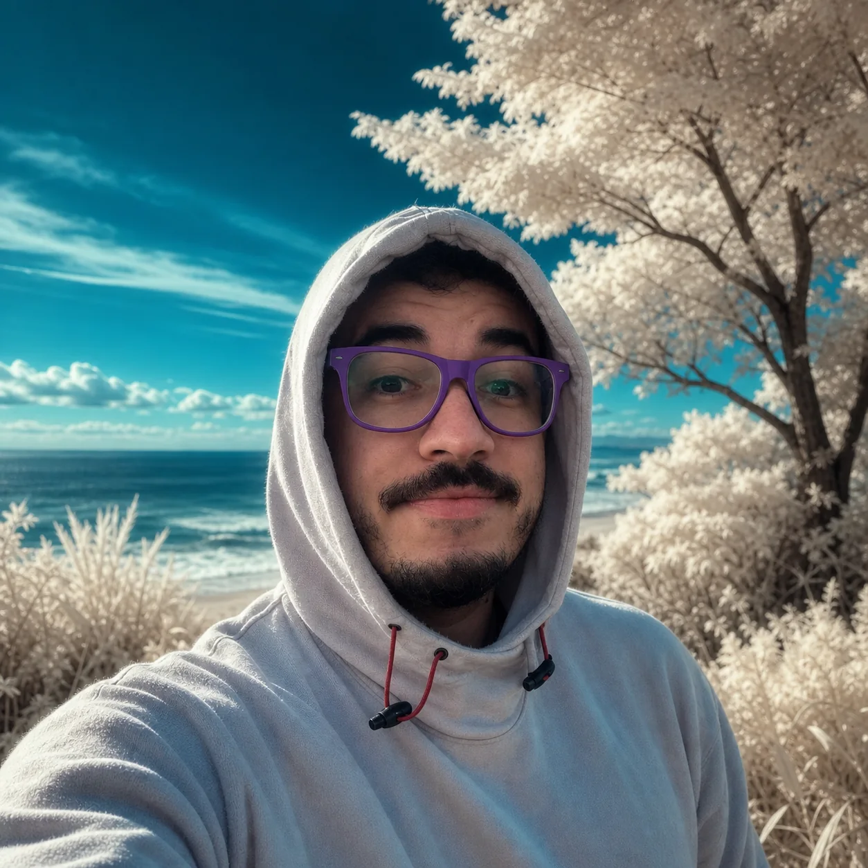 Exemplo visual do comando /infraredportrait: Transforma o ambiente com infravermelho falso-colorido, vegetação clara e céu profundo.