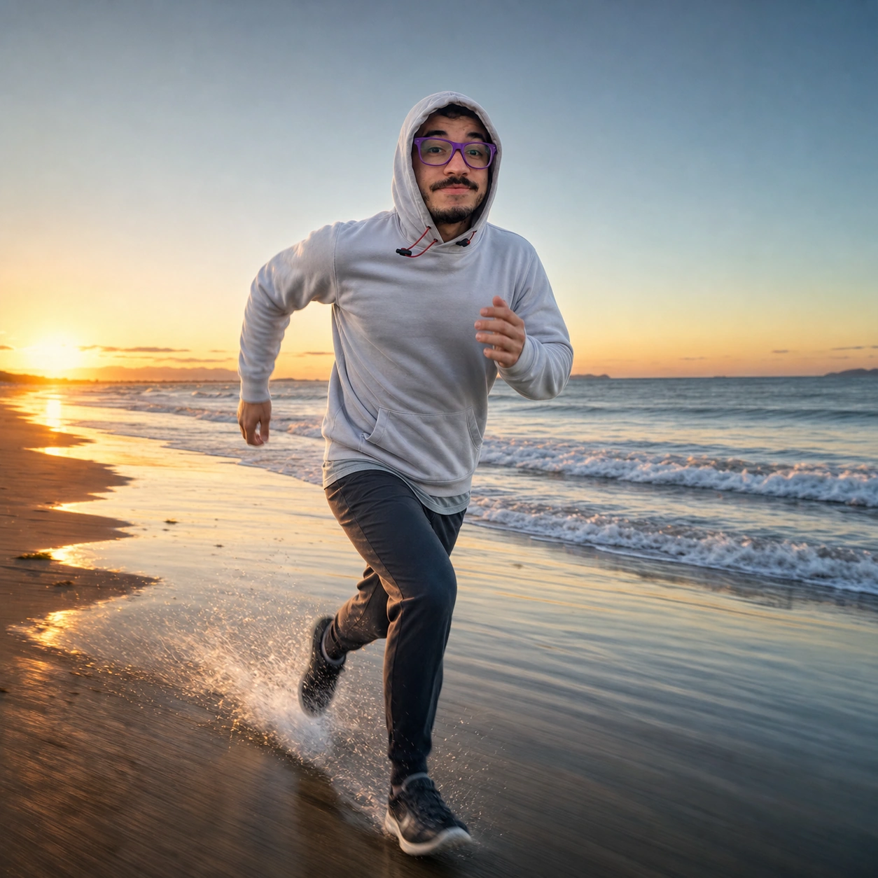 Exemplo visual do comando /runningframe: Cria uma pose dinâmica de corrida com perspectiva cinematográfica e movimento ambiental.