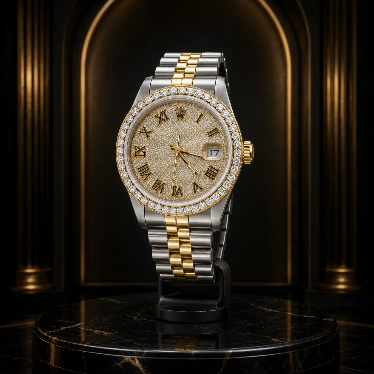 Exemplo visual do comando /showcase: Apresenta o produto como peça central de uma vitrine premium com pedestal e iluminação controlada.