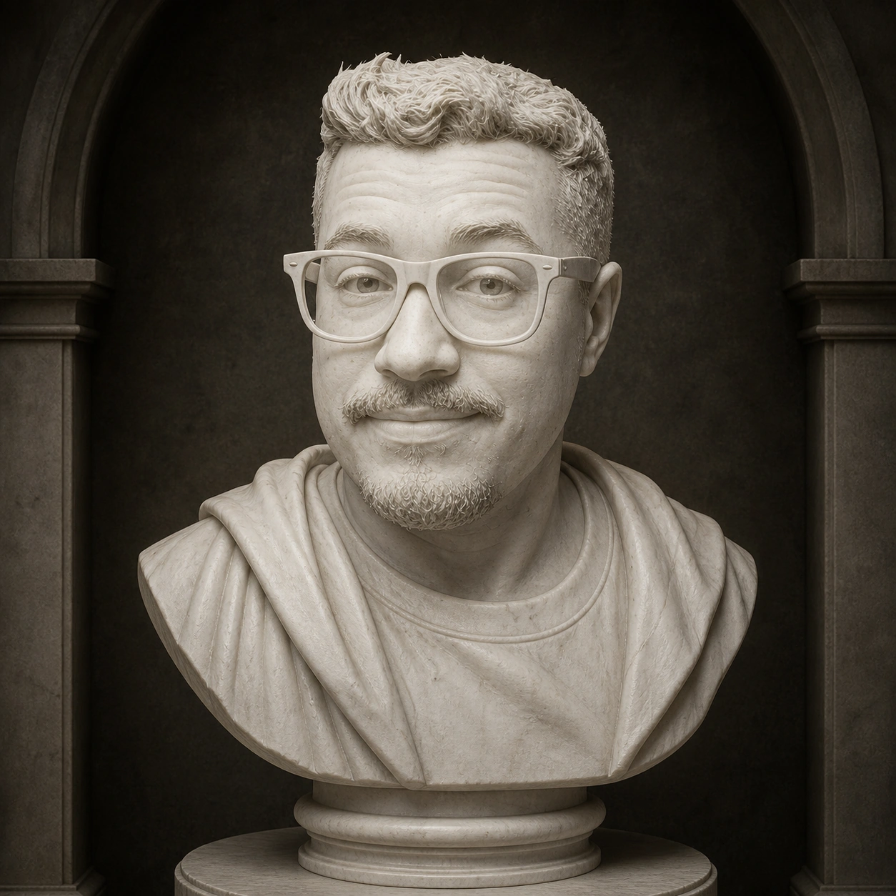 Exemplo visual do comando /statue: Transforma o retrato em pedra esculpida com iluminação de museu.