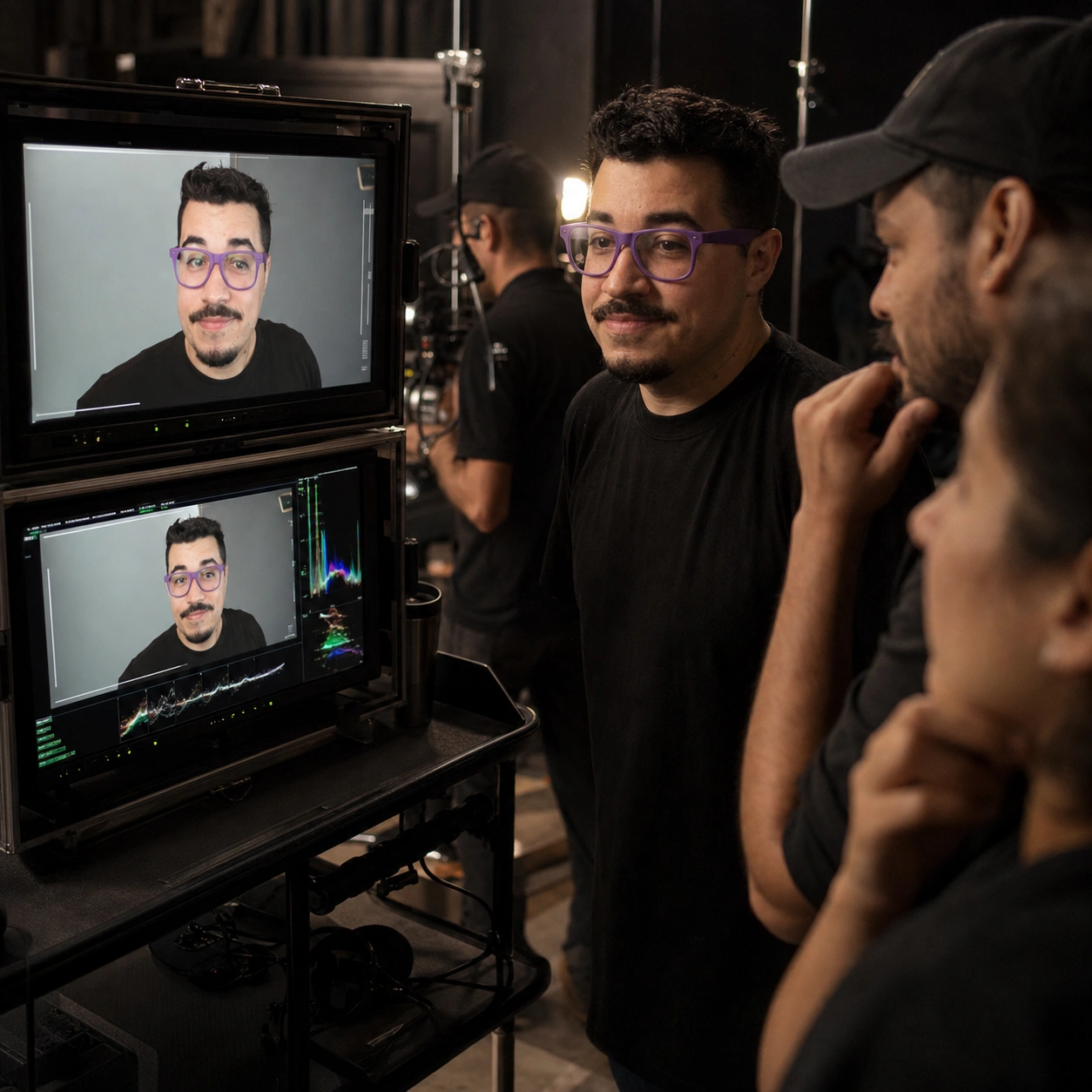 Exemplo visual do comando /videovillage: Mostra o monitor de produção e a equipe revisando a tomada.