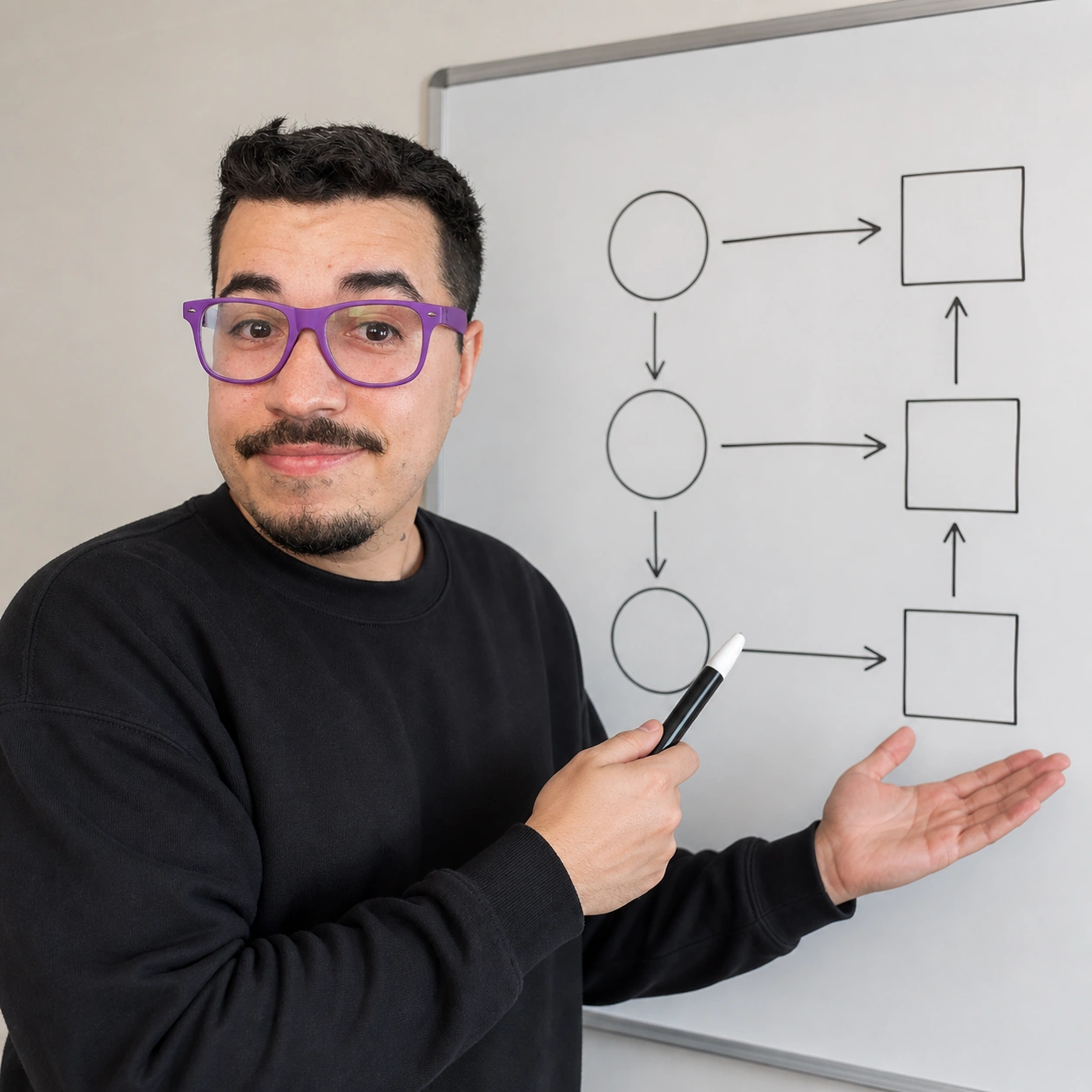 Exemplo visual do comando /whiteboard: Explica um sistema com diagramas, setas e círculos em uma lousa.