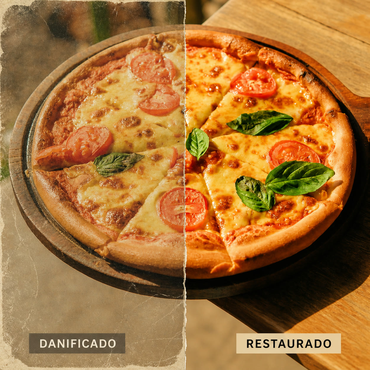 Exemplo visual do comando /restoration: Divida o tema entre estado deteriorado e restaurado como uma peça histórica.