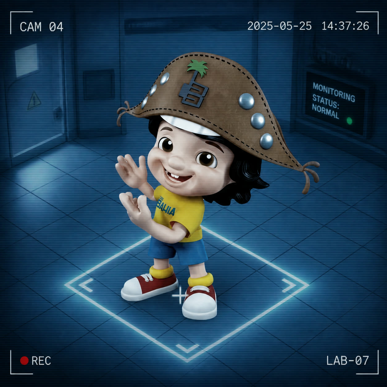 Exemplo visual do comando /surveillance: Recrie a cena como captura de câmera de segurança com horário e monitoramento.