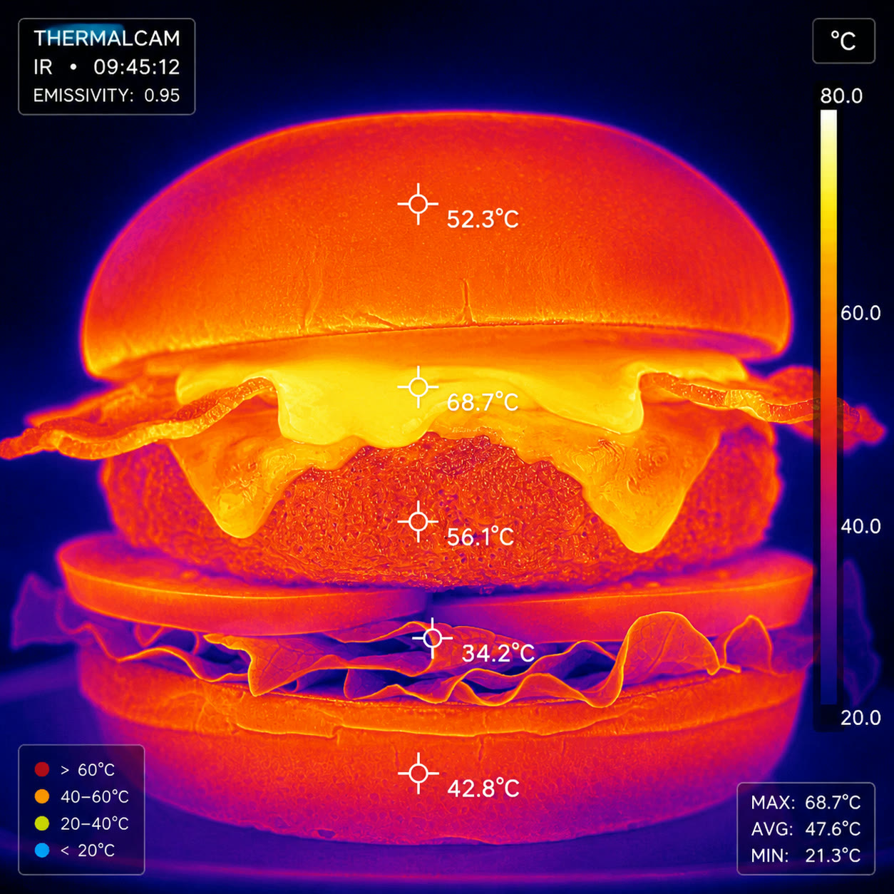 Exemplo visual do comando /thermalcam: Simule uma câmera térmica completa, incluindo escala, zonas e leituras infravermelhas.