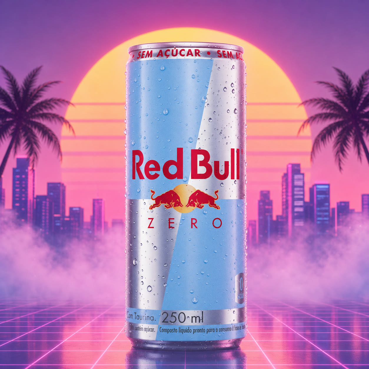 Exemplo visual do comando /vaporwave: Aplique grades pastel, pôr do sol e névoa retrô vaporwave.